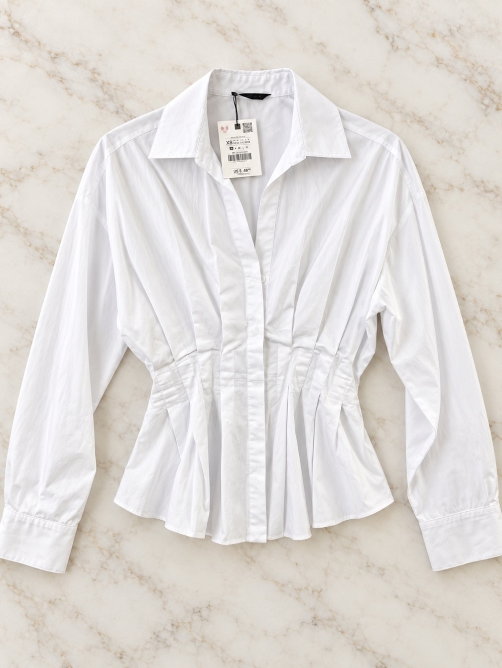 Zara White Pleated Button-Up Shirt XS Elegant